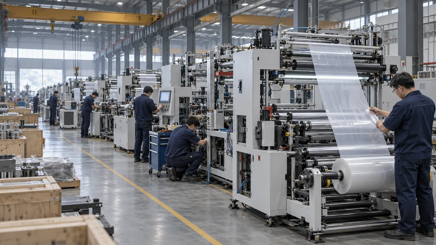 Technicians assembling and trial-running bag making machines on a manufacturer's factory floor before shipment to buyers