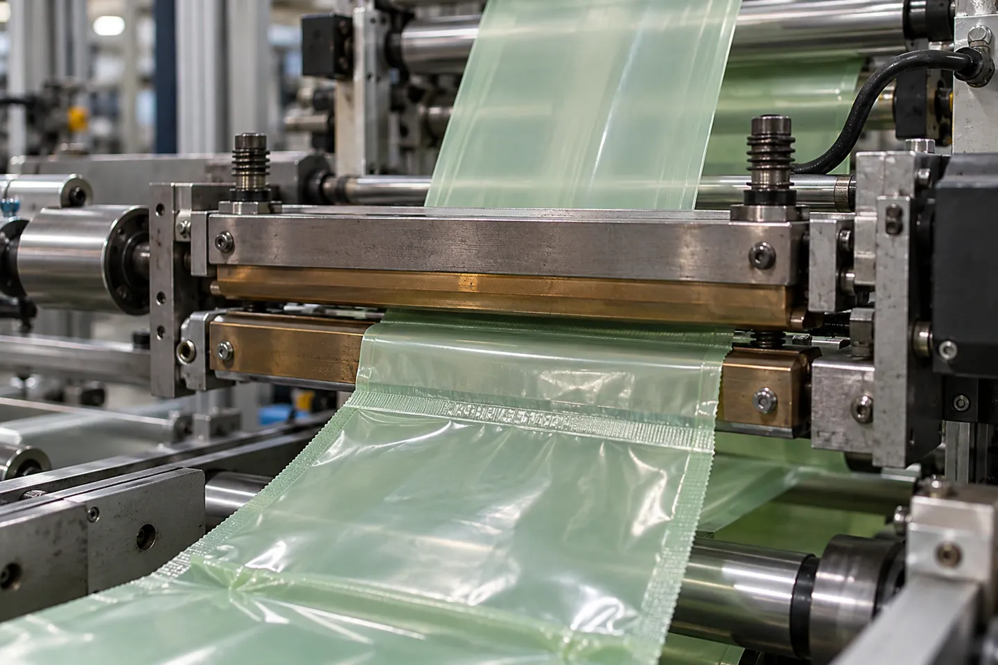 Heated sealing bars and servo tension rollers sealing a moving web of compostable PLA and PBAT blend film on a biodegradable bag making machine