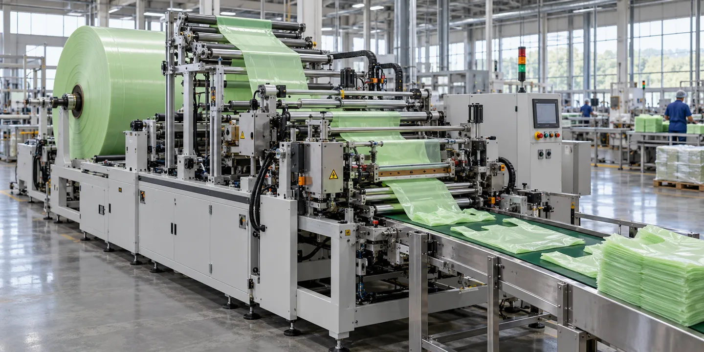 A biodegradable bag making machine from experienced manufacturers converting a roll of compostable film into finished bags on a modern production floor