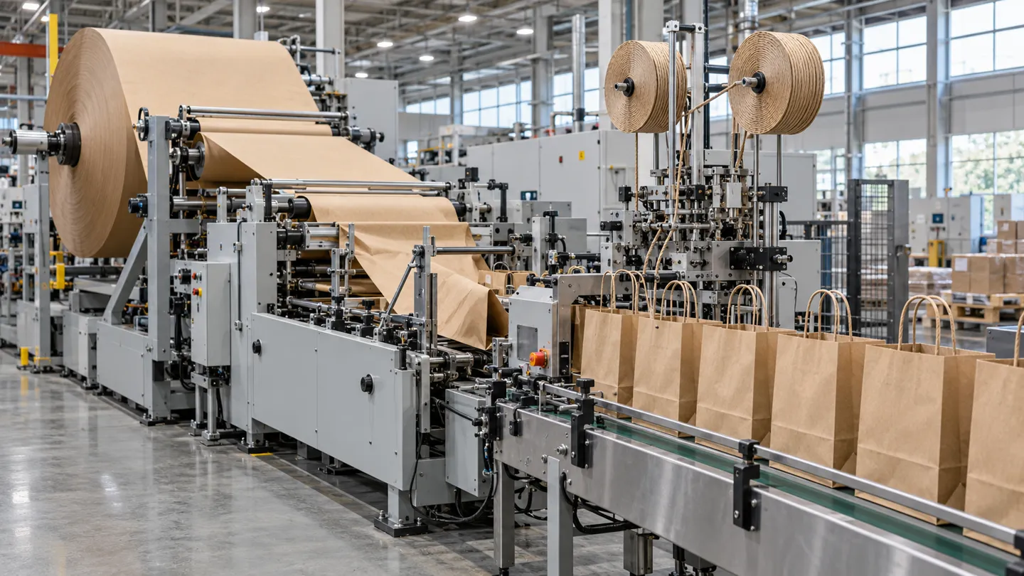 A square-bottom paper bag making machine with an inline twisted-handle unit turning kraft paper rolls into self-standing grocery carrier bags