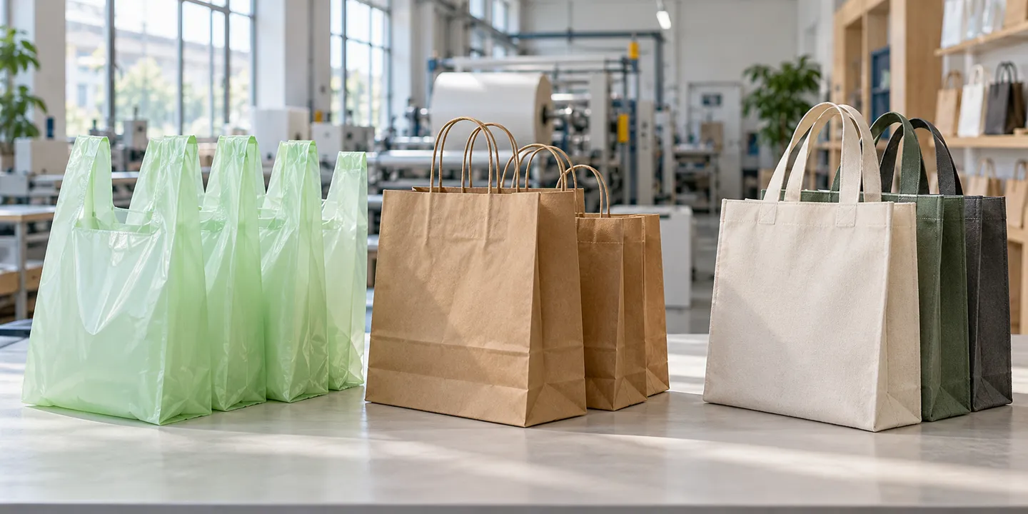 Compostable film bags, kraft paper carrier bags and non-woven tote bags side by side, the three product routes behind biodegradable bag making machines