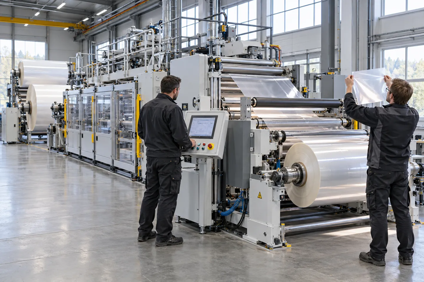 Engineers running a pre-shipment acceptance trial on a roll-to-roll laminating machine, holding a laminated sample up to the light while the line runs on customer substrate.