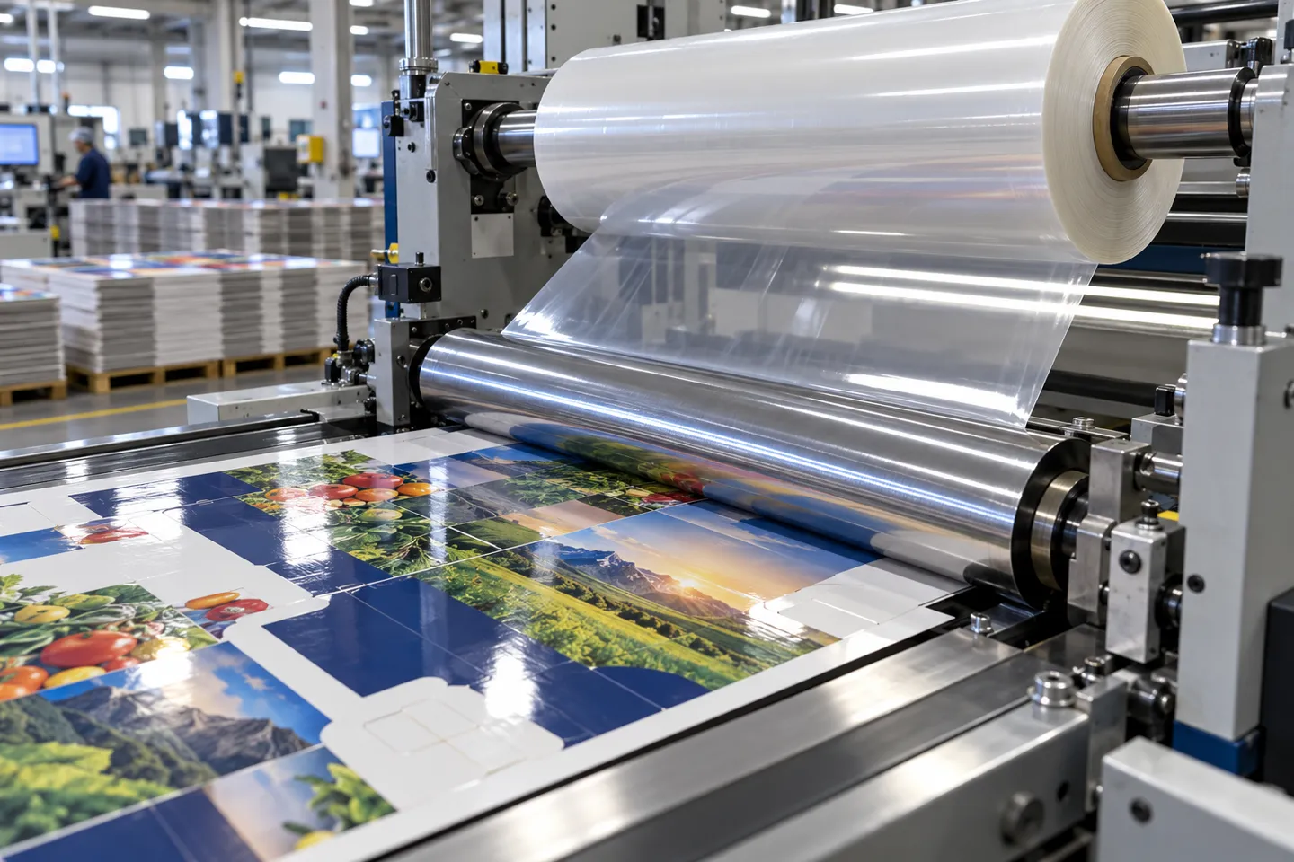 A roll-fed laminating machine bonding transparent BOPP film onto freshly printed carton sheets, the core step of BOPP lamination in a converting plant.