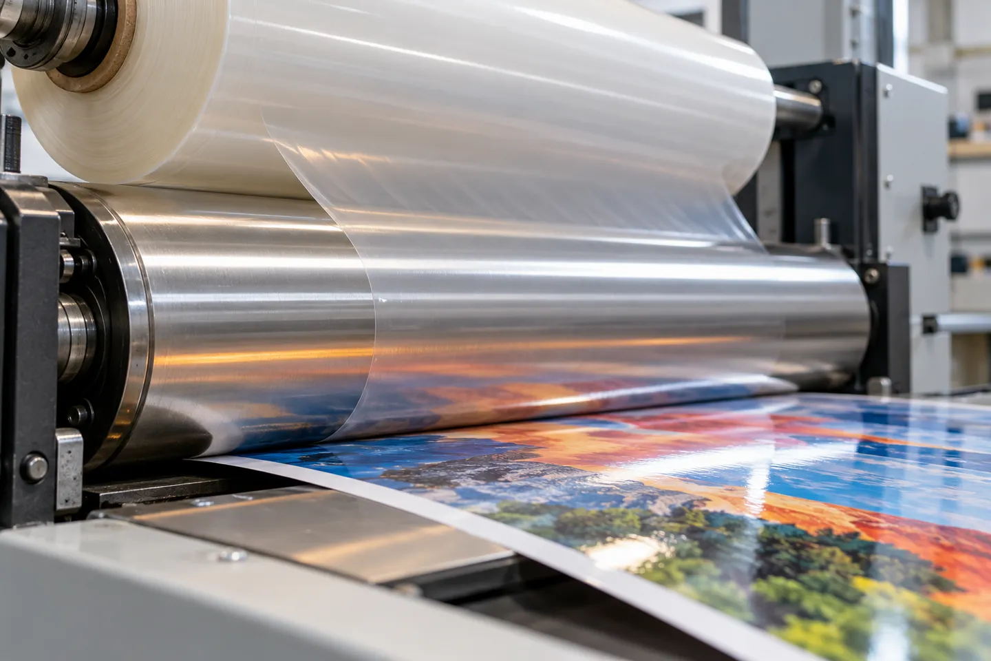 A heated chrome roller on a thermal laminator pressing pre-coated BOPP film onto a printed sheet, where the adhesive activates and the bond sets instantly at the nip.