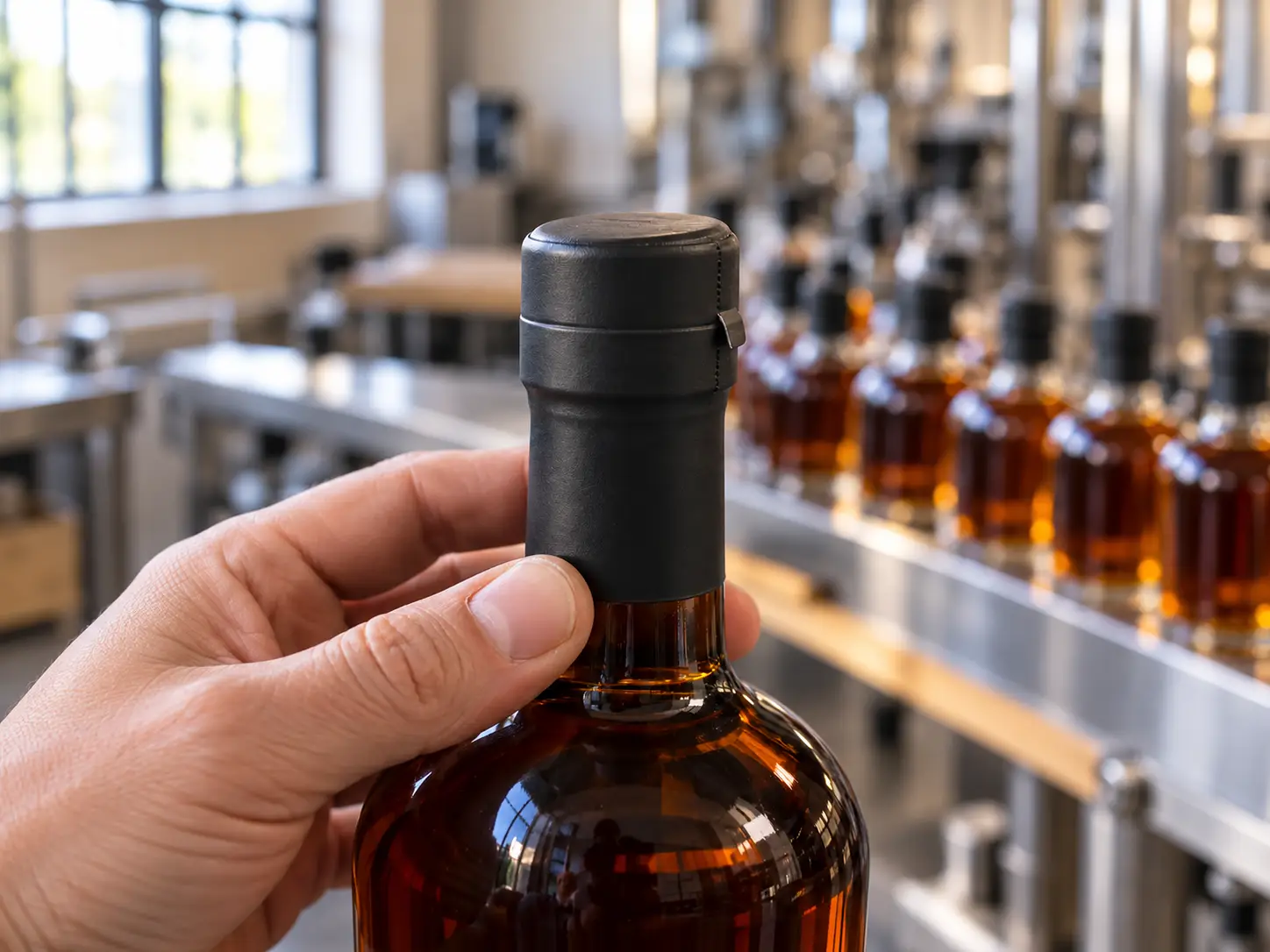 A matte black heat-shrink liquor bottle capsule with a tear tab fitted over a bar top stopper on a dark glass spirits bottle at a craft distillery bottling bench.