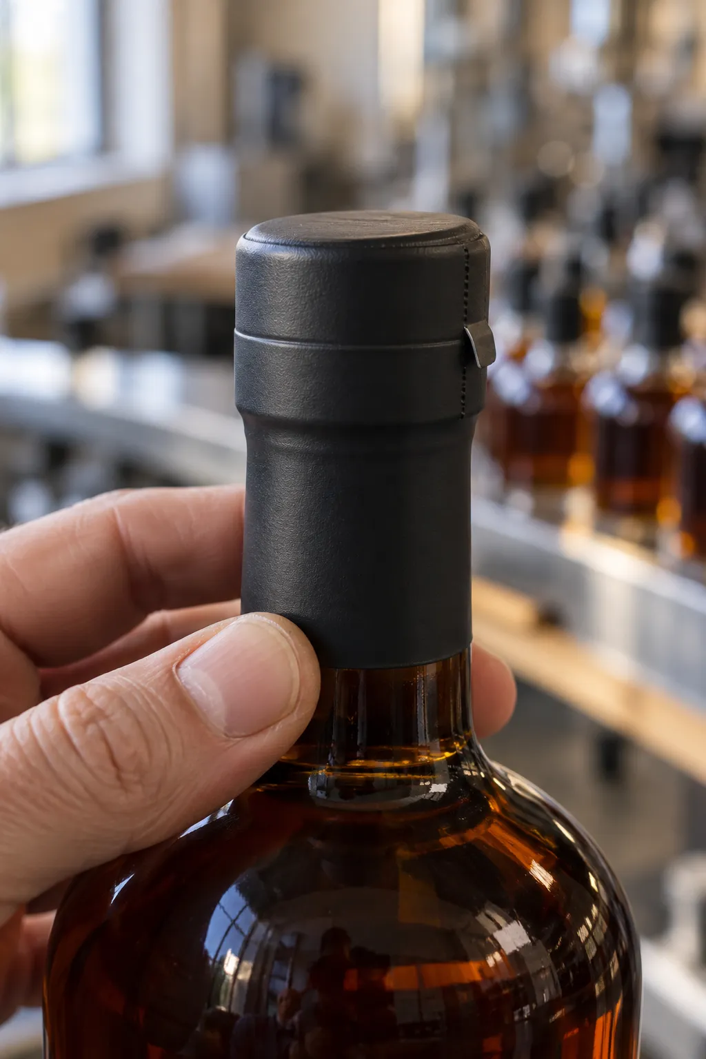 A matte black heat-shrink liquor bottle capsule with a tear tab fitted over a bar top stopper on a dark glass spirits bottle at a craft distillery bottling bench.