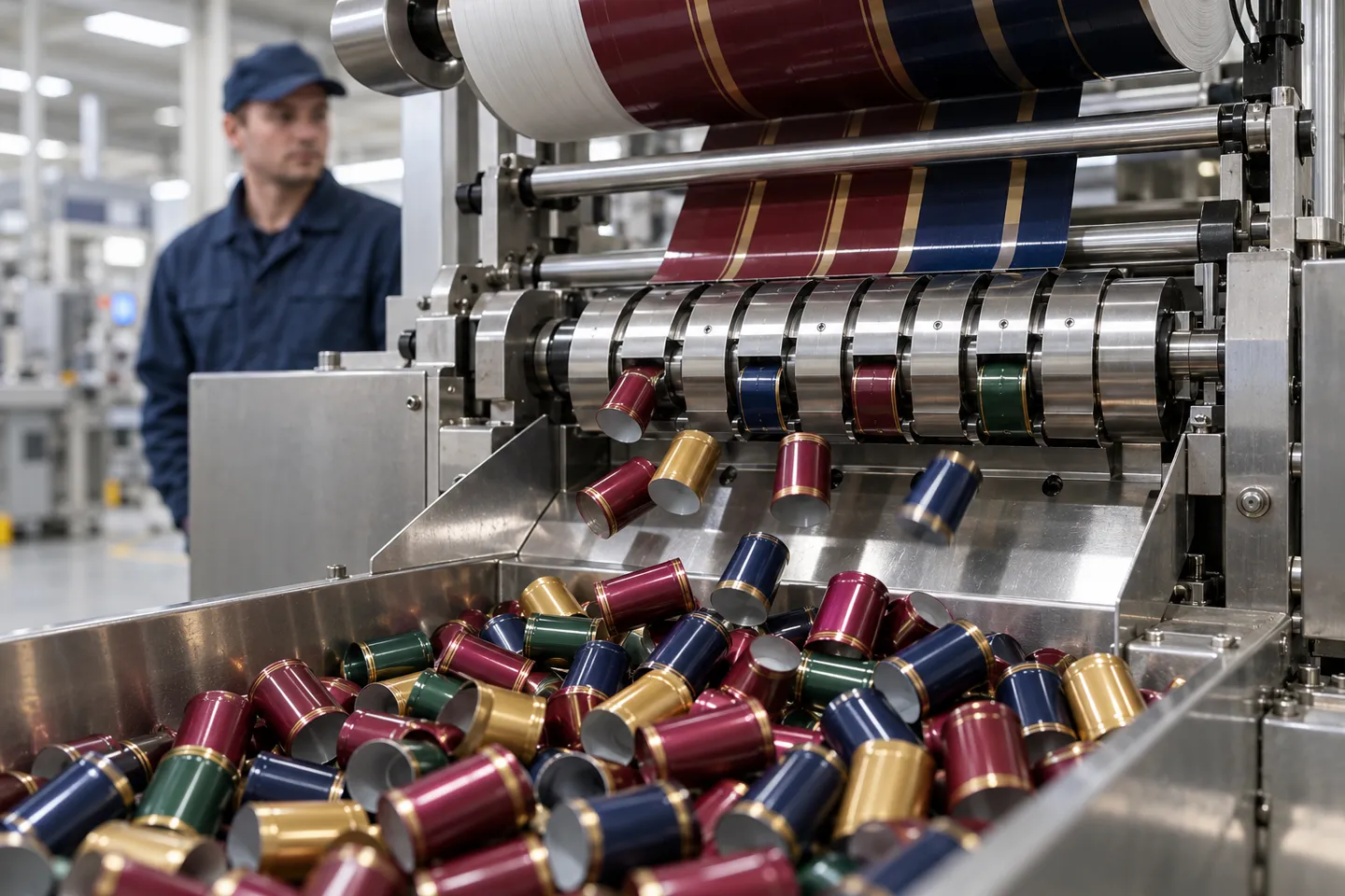 A wine capsule production line cutting finished capsules from printed film into a collection tray on a modern factory floor.