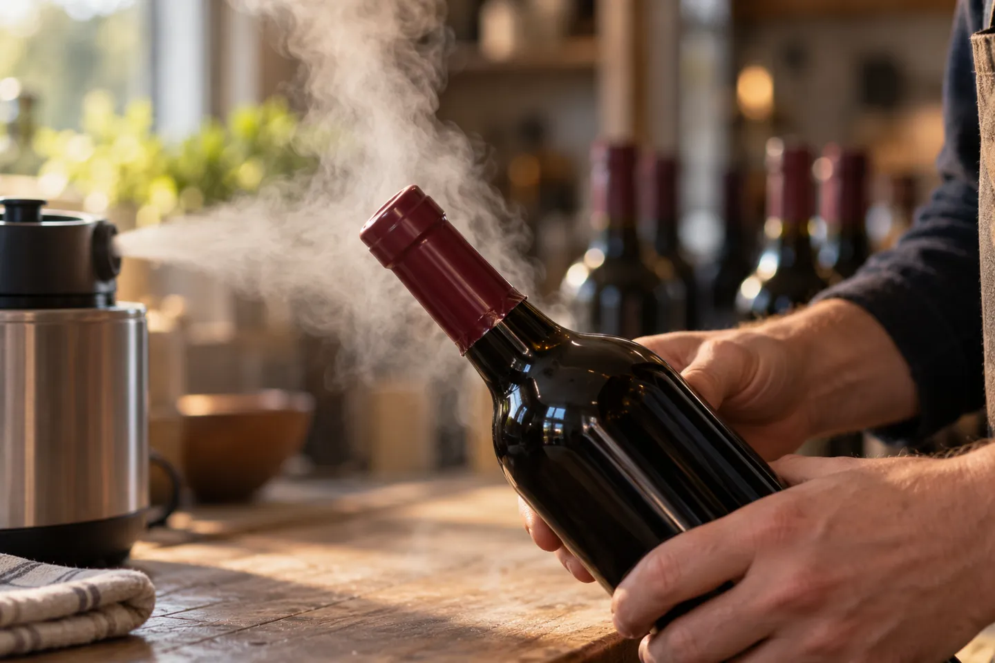 Rotating a corked spirits bottle through rising steam so a burgundy PVC shrink capsule tightens evenly around the neck without scorching the label.