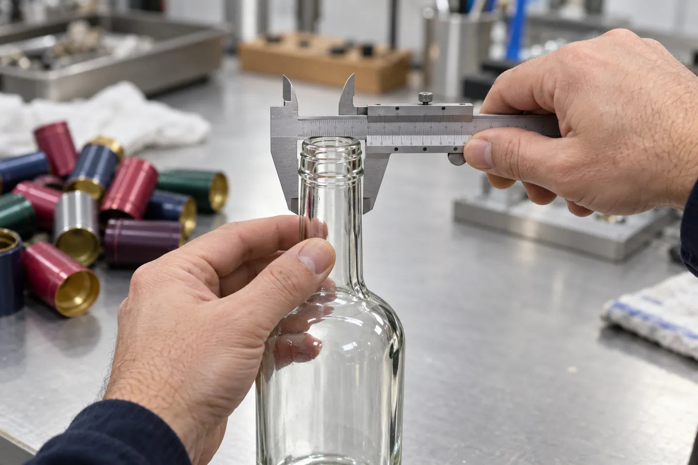Measuring the outer diameter of a bare bottle neck with a vernier caliper before ordering liquor bottle capsules, with colorful spare capsules on the bench.