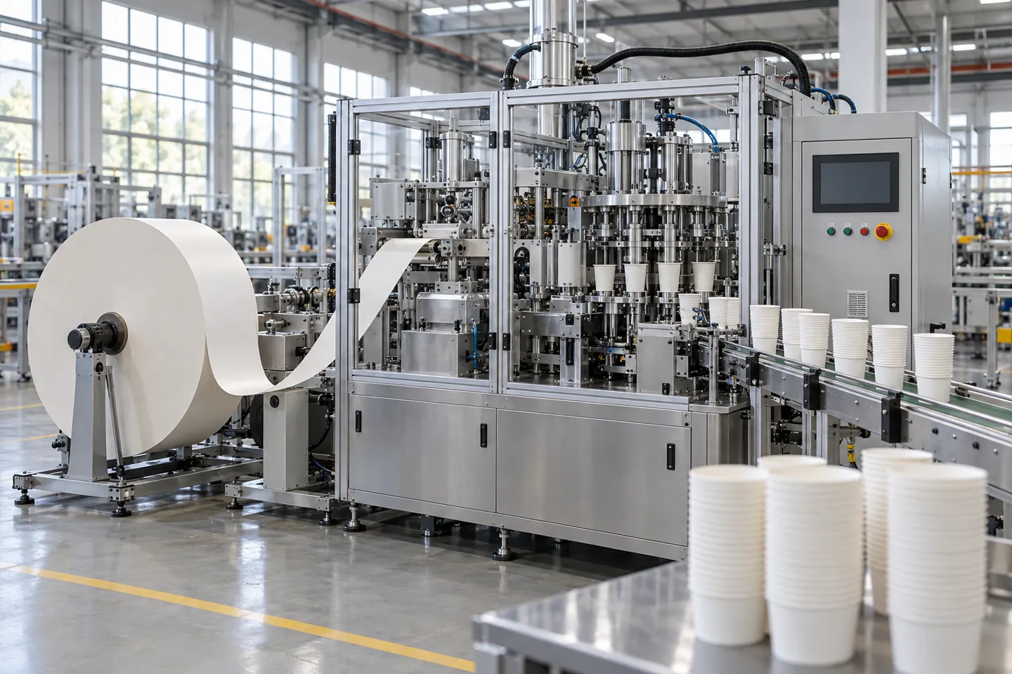 工場の現場で稼働する全自動紙コップ成形機。エントリーレベルの自動機から生産用グレードまで、あらゆる紙コップ製造機の価格設定の背景にある設備の代表例
