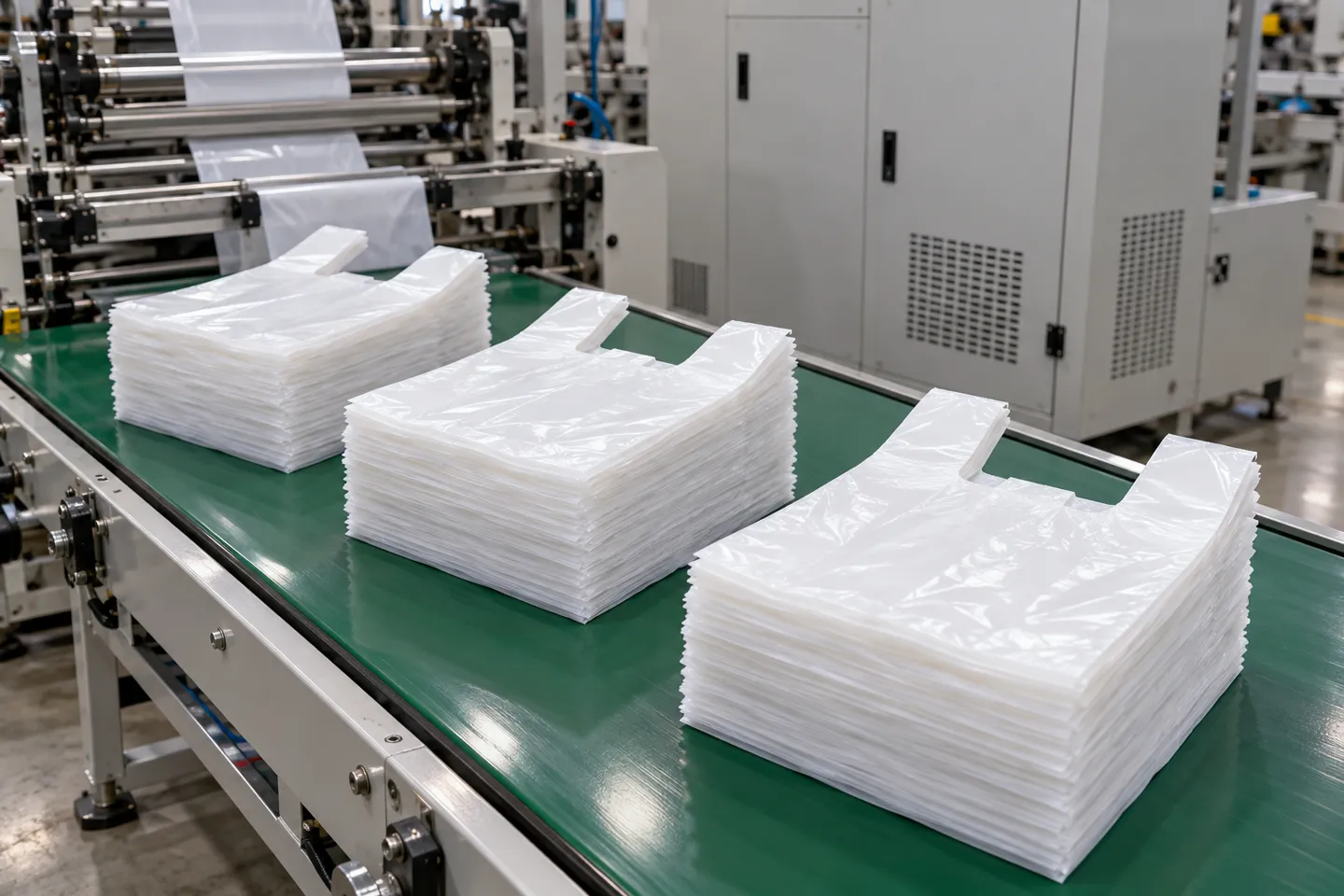 ビニール袋製造機の排出コンベア上に、積み上げられたばかりのTシャツ型ベスト型キャリーバッグ。これは、エントリー価格帯を決定づける袋の種類である。